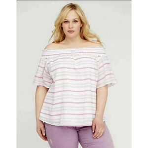 Lane Bryant Off The Shoulder Top Plus 14/16 White Pink Purple Striped Blouse